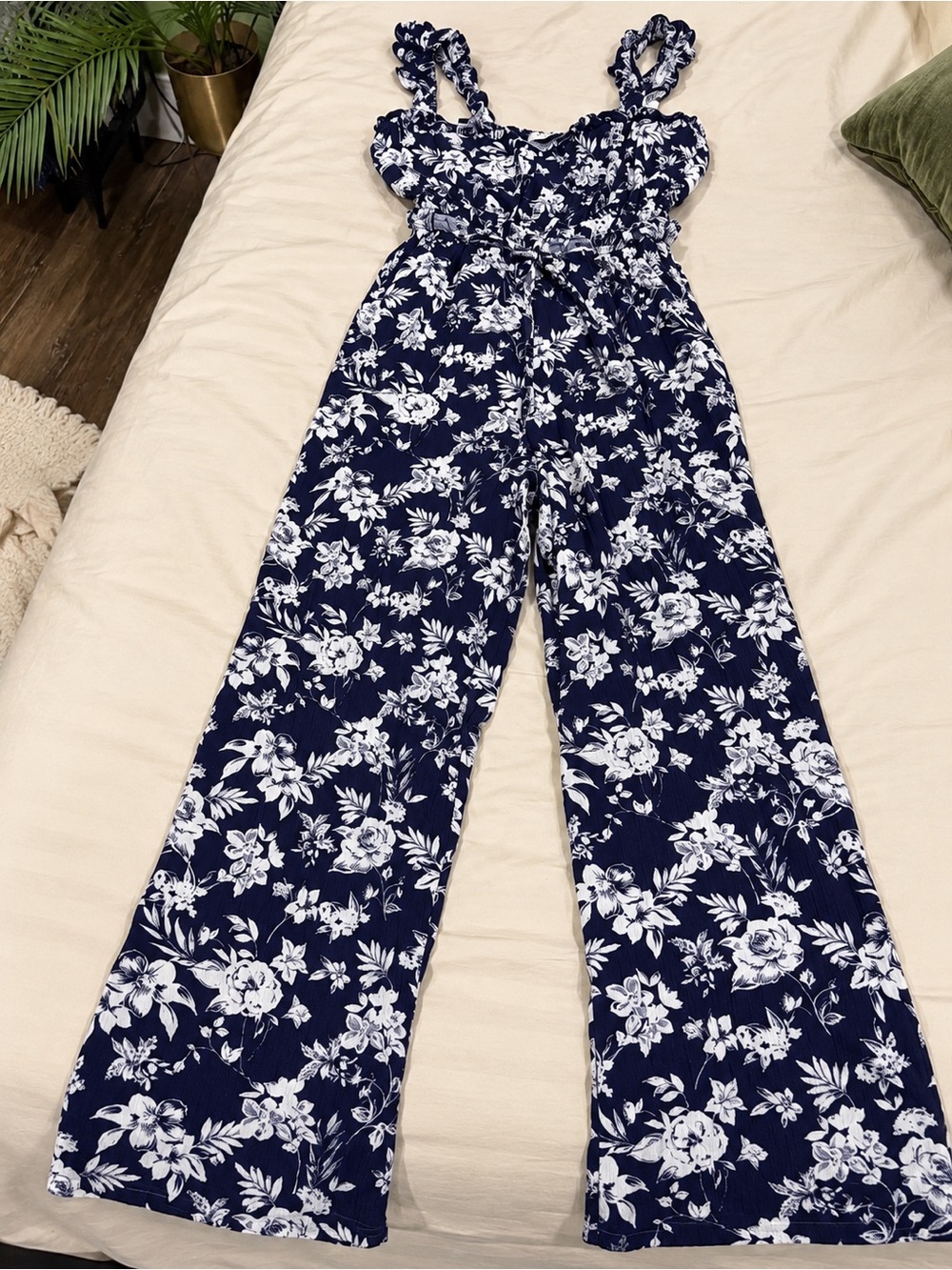 Liberty Love Navy and White Floral Ruffle-Strap Wide Leg Jumpsuit